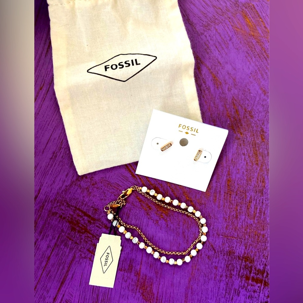 Fossil rose gold earrings and bracelet set